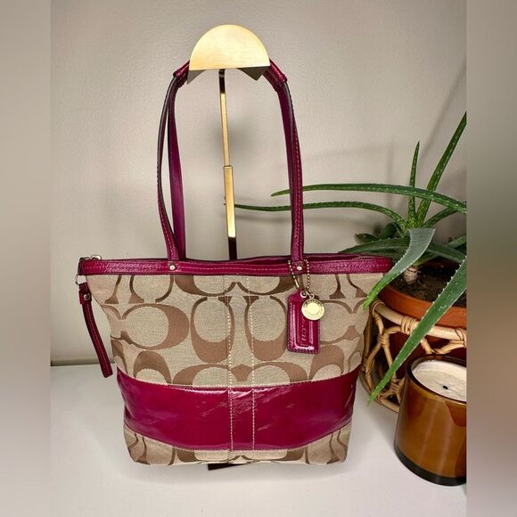 Coach Signature Stripe Tote Bag 12429 Fuchsia Pink Khaki Canvas Leather Y2K Bag